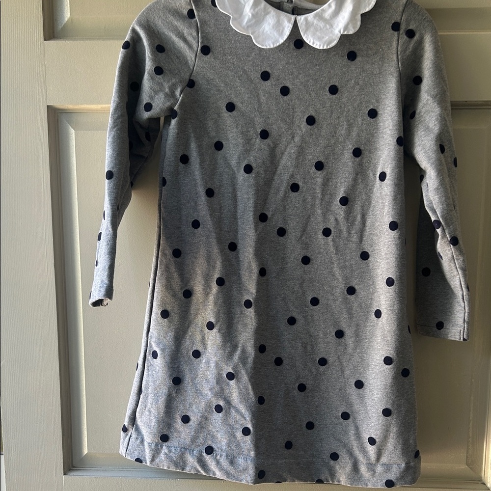 Jacadi Gray Dress with Navy Polka Dots and White Peter Pan Collar